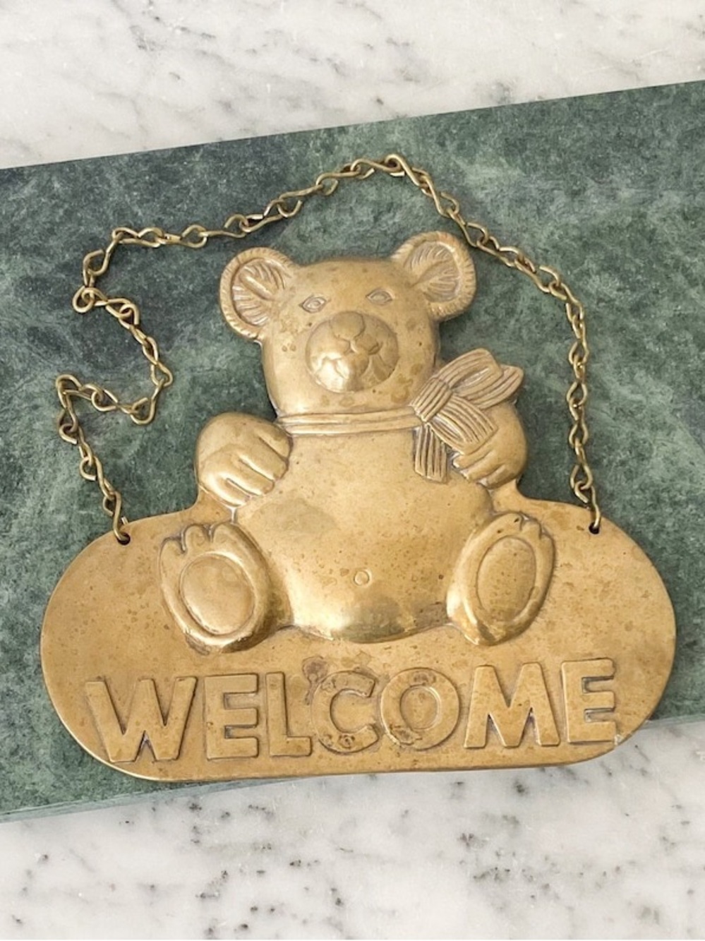 Vintage Brass Teddy Bear Welcome Sign 1980s